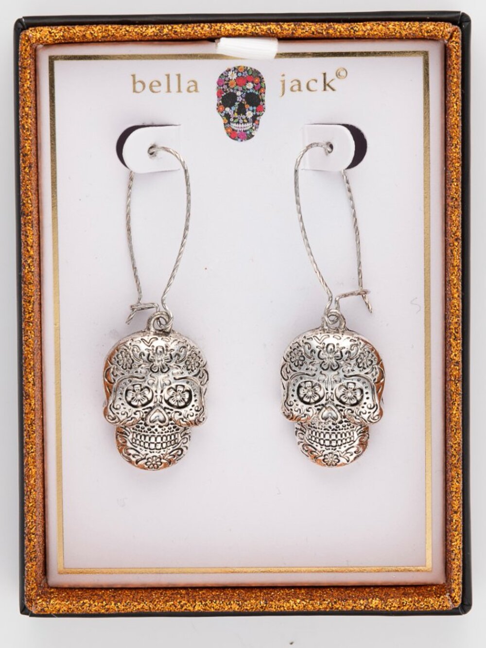 Bella Jack Boxed Dimensional Sugar Skull Earrings Silver Tone Floral Gothic - Picture 2 of 4
